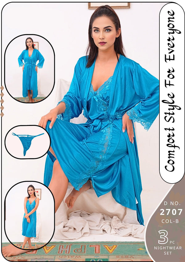 Blue Silk Lace Nightgown Set 2 Pcs V-Neck