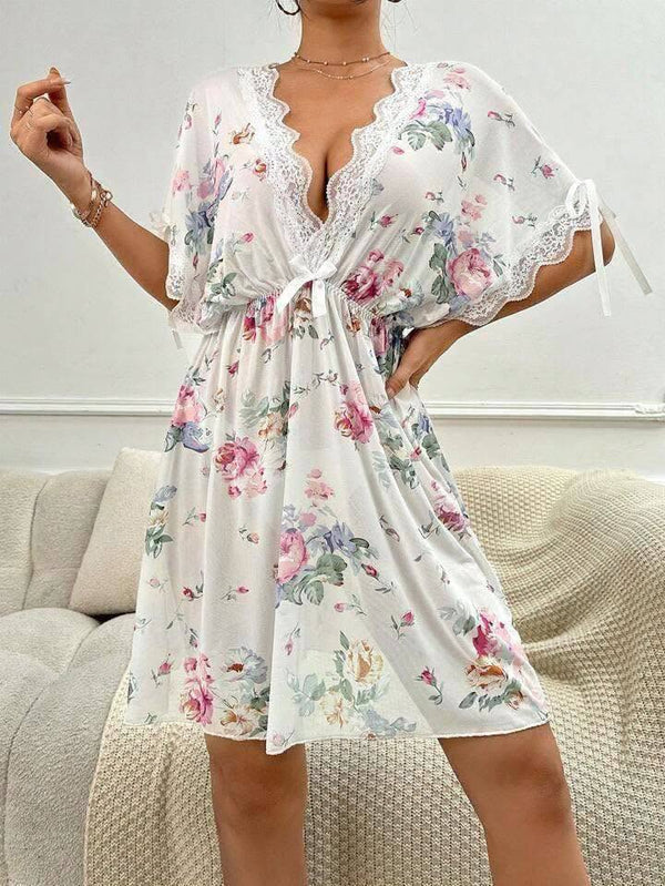 Floral Print Contrast Lace Cami Dress & Belted Robe PJ Set / Pajama Set White Set Bridal Lingerie, Fall Winter Clothes Cozy And Elegant Details