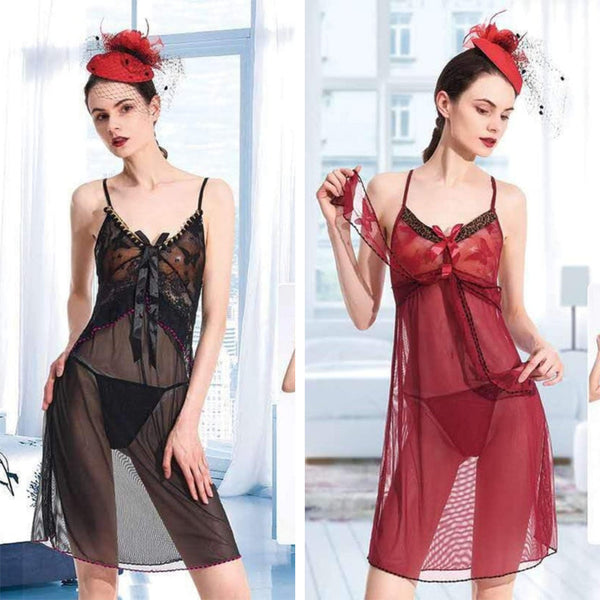 Pack Of 2 See Through Short Nighty- Black & Maroon