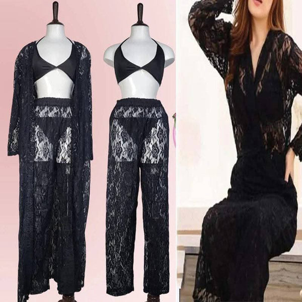 Black Lace Nightwear Set 4 Piece Premium Quality