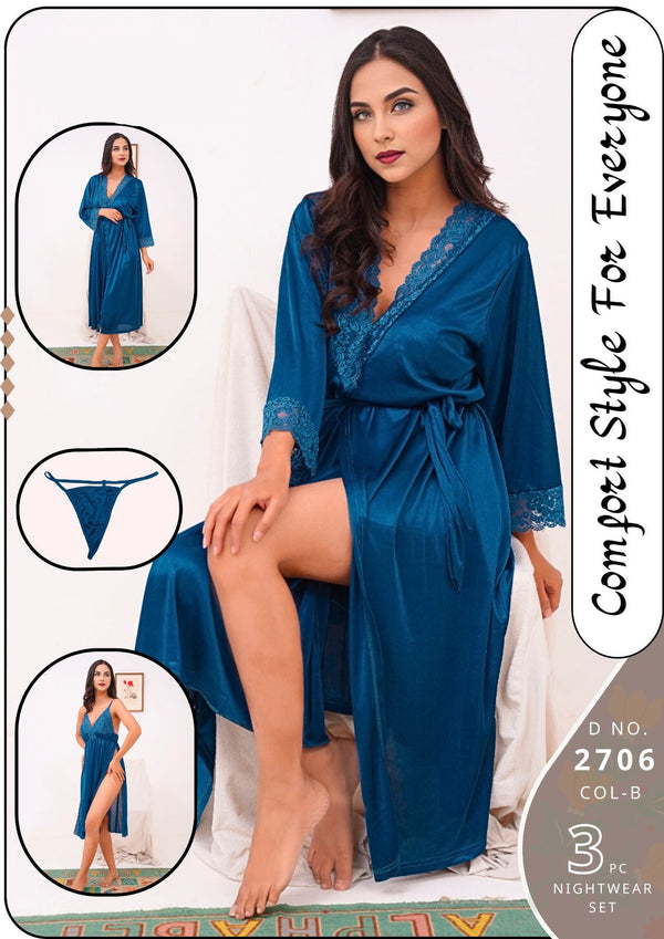 3 Pcs Hot Sexy Satin Silk Nighty Set For Women Bridal Night Dress for Women - Blue