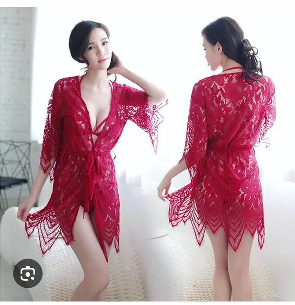 Zik Zak Bikini Beach Nighty with Gown High Quality Sexy Women Lace Robe Sets See-through Hot Lingerie Sleepwear