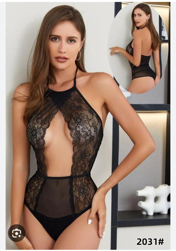 Cutout Detail Halter Neck Lace Bodysuit in Black