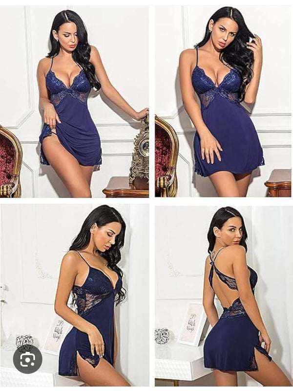 Women's Lace-Trimmed Sleepwear Nightgown, Navy Blue, V-Neck Babydoll Chemise