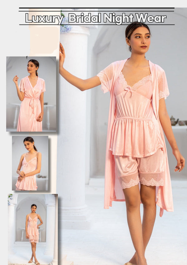 PREMIUM QUALITY .HIGH QUALITY GSM USE. 3 PIECE NIGHTWEAR . 7 COLOURS .Stuff=SILK FREE SIZE28 TO 38 BREAST SIZE EASILY WEAR.