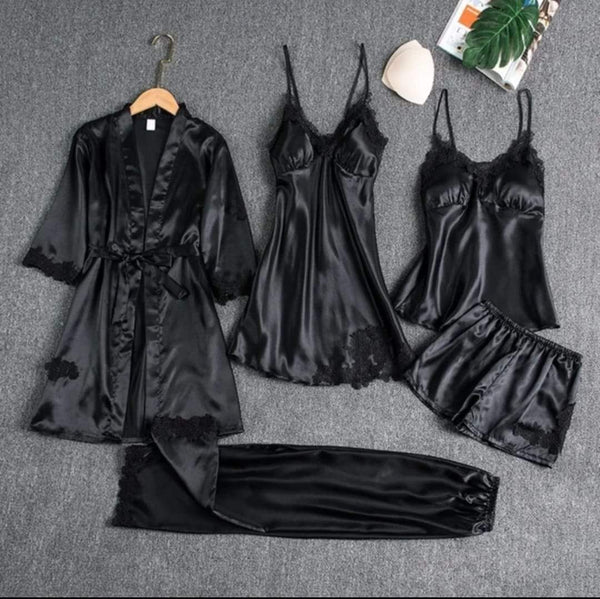 5 Piece Silk Long Bridal Nighty Set Best Honeymoon Gown with Bra and Pant