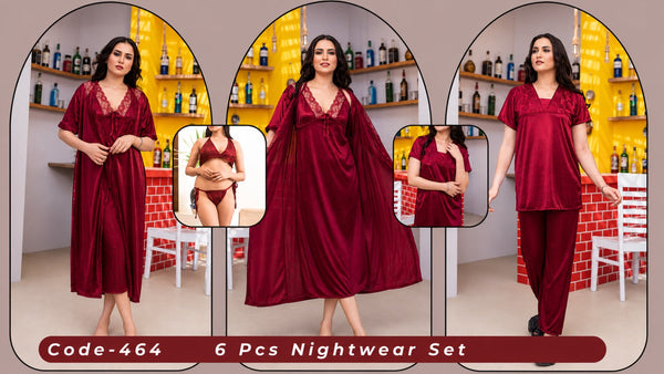 Romantic Nightwear - 6Pcs Bridal Nighty Sets - Long Nighty with Gown & Sexy Pajama Set