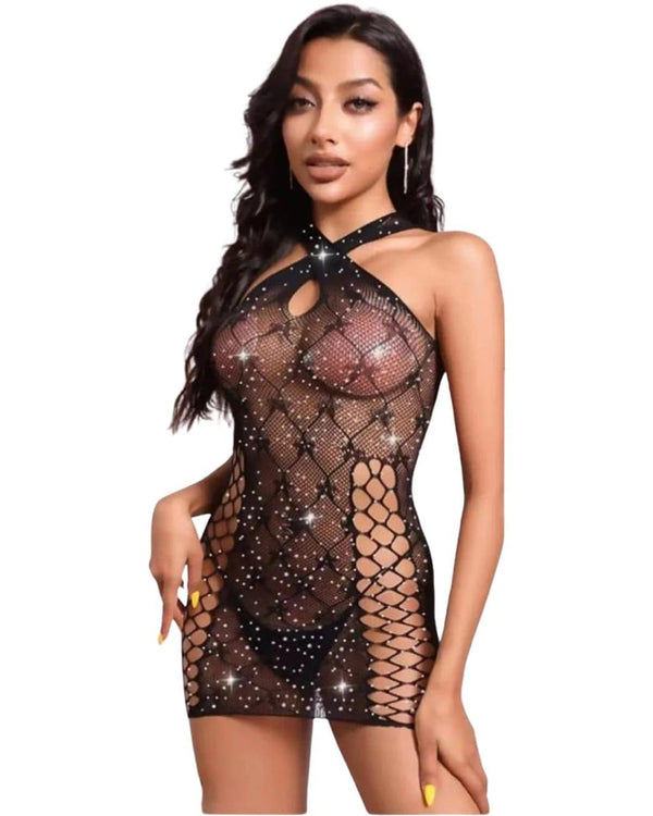 Rhinestone Halter Fishnet Mini Dress or a Sexy Crisscross Sheer Body stocking Lingerie Dress.