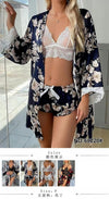 Women's 3-Piece Silk-Satin Floral Pajama Set with Kimono Robe, Lace Bralette, and Shorts.