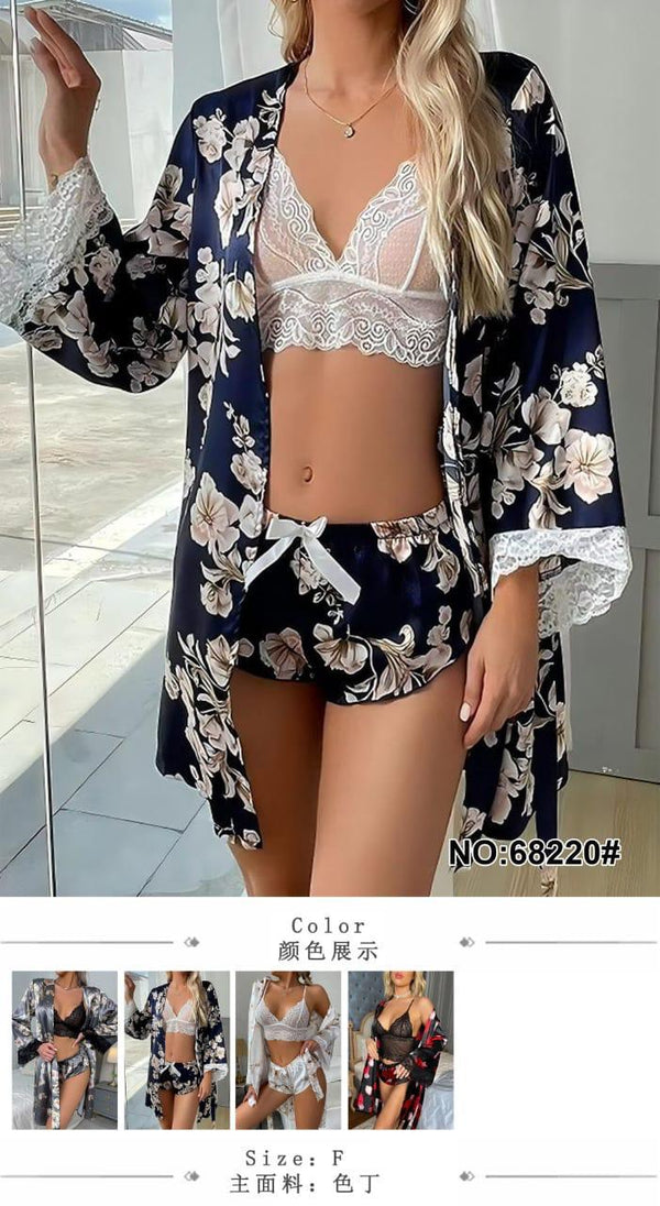 Women's 3-Piece Silk-Satin Floral Pajama Set with Kimono Robe, Lace Bralette, and Shorts.