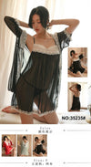 Two-Piece Black Mesh Babydoll Nightdress with a Matching Lace-Trimmed Sheer Robe Lingerie Set.