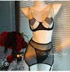 Red Mesh Crystal Heart Chain Cut-Out Lingerie 4-Piece Set with Glove