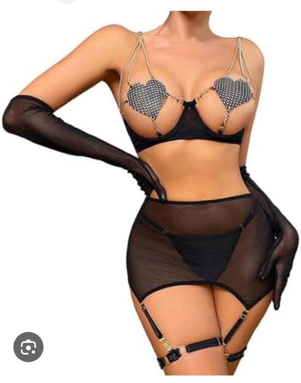Black Mesh Crystal Heart Chain Cut-Out Lingerie 4-Piece Set with Glove