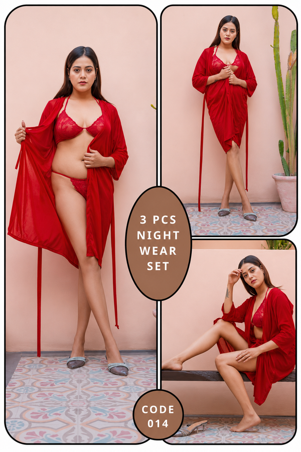 Roses Luxury 3-Piece Gown Bikini Nightwear Set – Code 014
