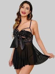Sexy Black Lace and Sheer Mesh Bridal Babydoll Lingerie Chemise Nighty