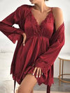 Nightgown,Women Sexy Lace Silk Robe Gown Set Pajamas Set Sleep Dress Bathrobe 2 Piece Robe Sleepwear L Winered (Winered XL)