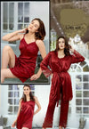 Nighty Set 3 Piece Night Wear For Women/ sleepwear (GOWN + Inner Dress + Trouser) -Black