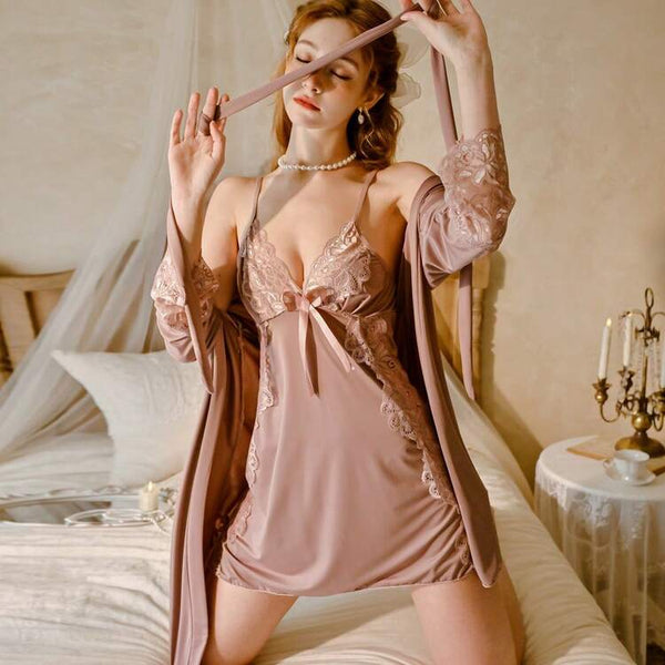 Two-piece bridal or honeymoon sleepwear set consisting of a short nightgown (chemise) and a matching lightweight robe