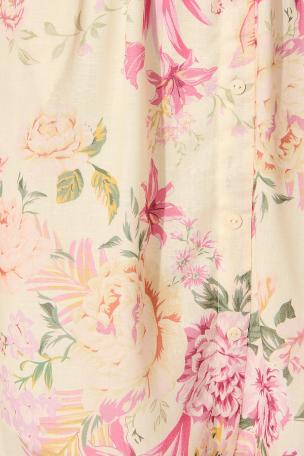 Fleur Haven Dress In Butter Yellow Pink Floral Linen Blend