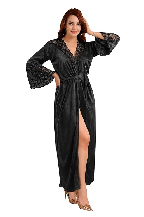 Women Satin Long Robe Nighty | Full Sleeve Sleepwear with Waist Tie-Up | Soft Silky Lounge Robe for Women