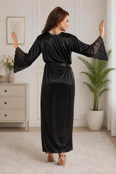 Women Satin Long Robe Nighty | Full Sleeve Sleepwear with Waist Tie-Up | Soft Silky Lounge Robe for Women