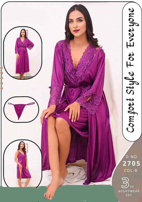 Purple Satin Silk Long Gown Nighty Bridal Sleepwear nightwear night dress