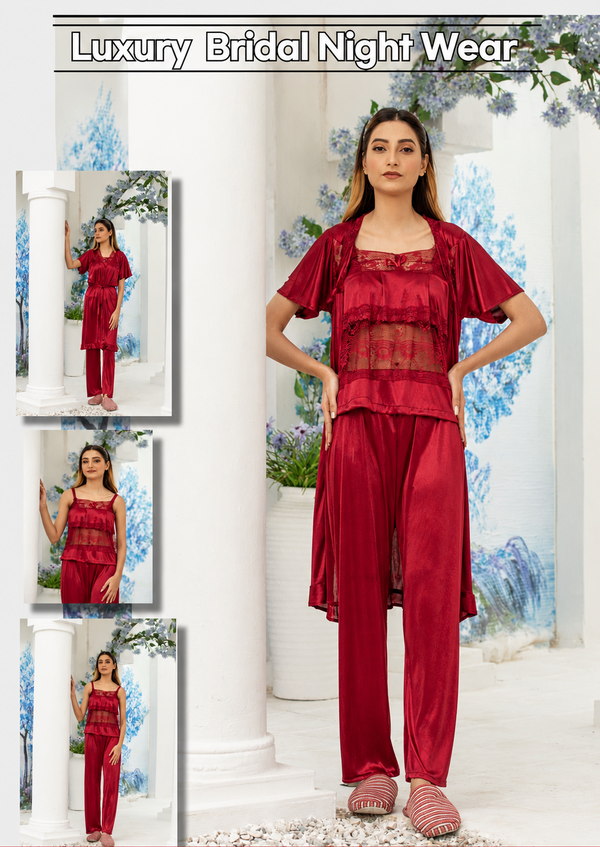 PREMIUM QUALITY .HIGH QUALITY GSM USE. 3 PIECE NIGHTWEAR . 4 COLOURS .Stuff=SILK FREE SIZE28 TO 38 BREAST SIZE EASILY WEAR.