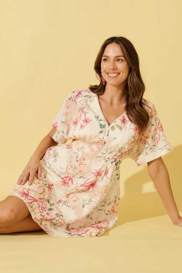 Fleur Haven Dress In Butter Yellow Pink Floral Linen Blend