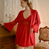 Luxury Red Lace Embroidery Nightgown Sexy Satin Bridal Robe Sets Women V-Neck Sleepwear Nighty 3pcs Pajamas Nightwear Set