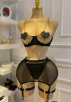 Black Mesh Crystal Heart Chain Cut-Out Lingerie 4-Piece Set with Glove