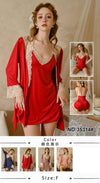 Nightgown,Kimono Robe Gown Women Satin Sleepwear Sexy 2PCS Nighty Robe Suit Nightdress Perspective Lace Home wear