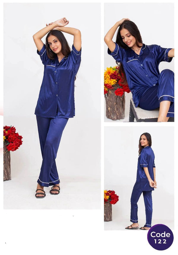 Nighty Suit For Ladies 2 Pc Plain Silk Shirt And Short Night Suit For Women And Girls