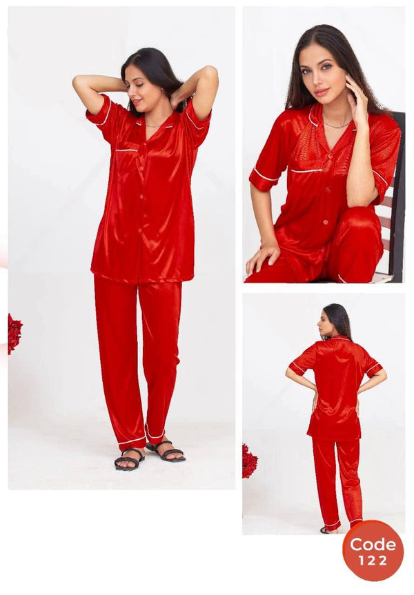 Nighty Suit For Ladies 2 Pc Plain Silk Shirt And Short Night Suit For Women And Girls