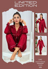 Women Silk Night Suit Maroon 2 Pcs V-Neck