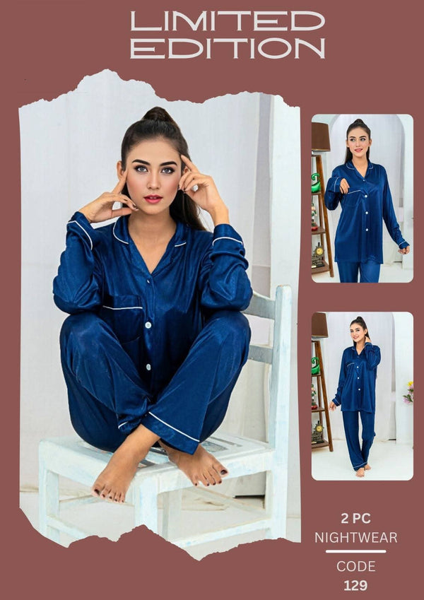 Luxury Silk Nightwear Set Blue V-Neck 3 Pcs