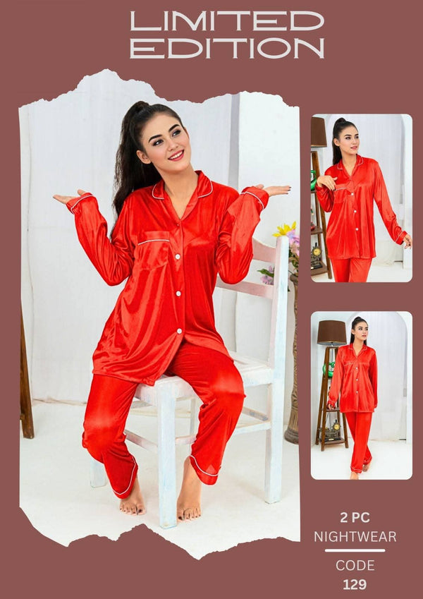 Luxury Silk Nightwear Set Red V-Neck 3 Pcs