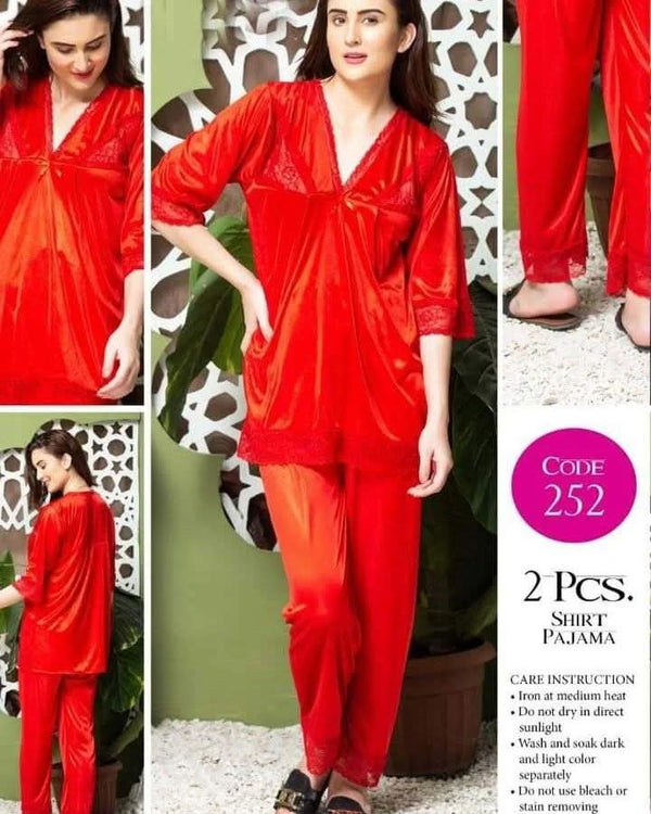 2 Piece Women's Top Relaxing Soft Silk Sleepwear 253-Red