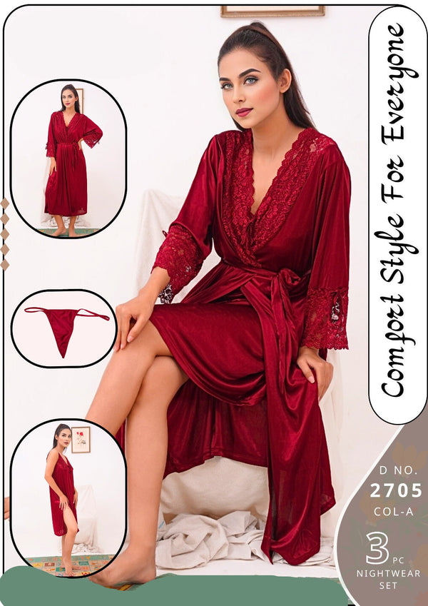 Night Dress Long Gown silk maroon nighty Beautiful Bridal Night Suit Nightwear Sleepwear