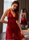 Defitshape Women's 2 Piece Lingerie Set Halter Lingerie Babydoll Dress Sexy Pajamas Set Soft Lightweight Fall Summer V Neck See Through Pjs Burgundy