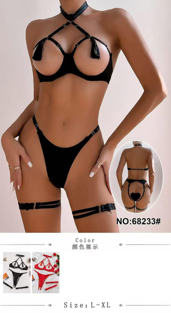 Classic Sexy fringe Nighty 3 - Piece Lingerie Set in Black