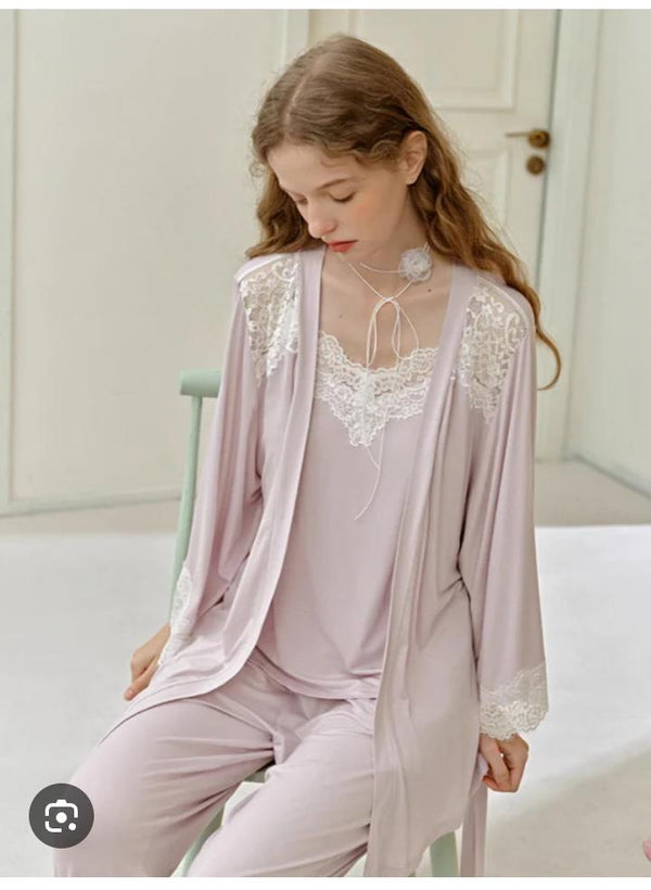 Sexy Modal Lace Backless Pajama Robe Set