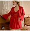 Nightgown,full sleeve women's satin lace patchwork hollow out sexy robe gown sets nightdress bathrobe nighties