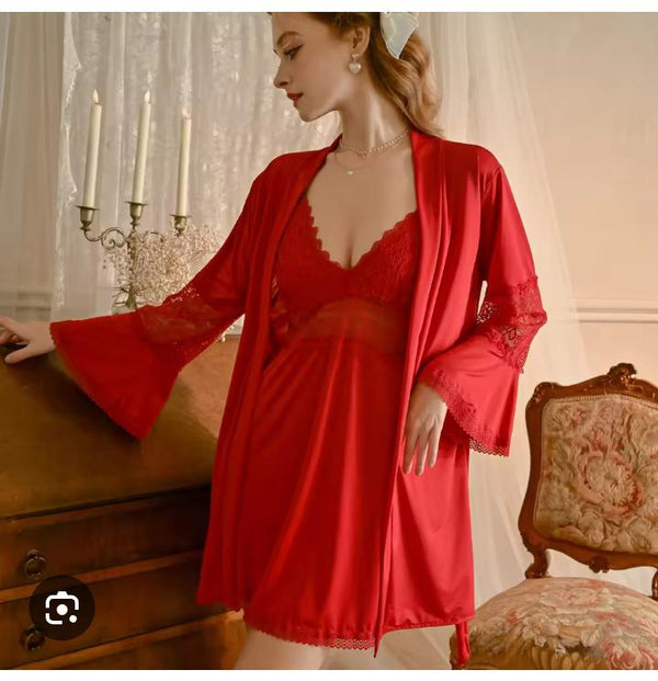 Nightgown,full sleeve women's satin lace patchwork hollow out sexy robe gown sets nightdress bathrobe nighties
