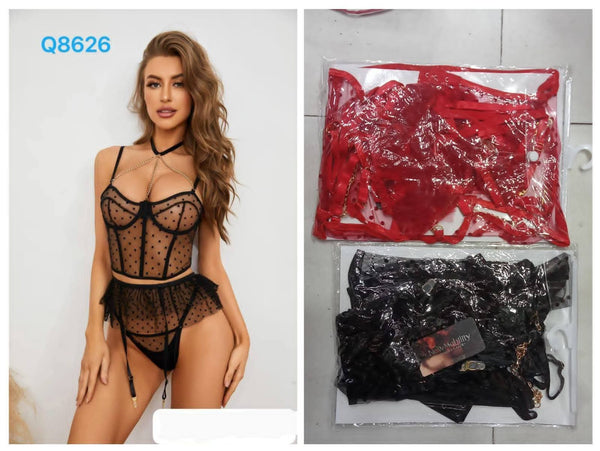 Polka Dot Bra Set Sexy Lingerie with Satin Trim Black/Red Underwear
