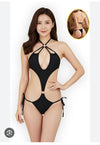 black monokini-style bodysuit characterized by its provocative, minimalist construction and extreme cutout details.