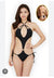 black monokini-style bodysuit characterized by its provocative, minimalist construction and extreme cutout details.