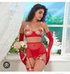 Red Mesh Crystal Heart Chain Cut-Out Lingerie 4-Piece Set with Glove