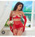 Red Mesh Crystal Heart Chain Cut-Out Lingerie 4-Piece Set with Glove