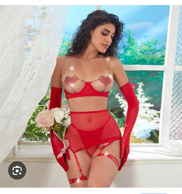 Red Mesh Crystal Heart Chain Cut-Out Lingerie 4-Piece Set with Glove
