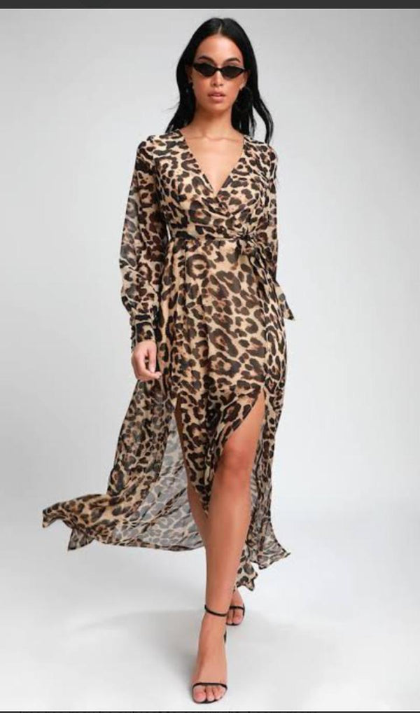 Leopard Print Midi Wrap Dress